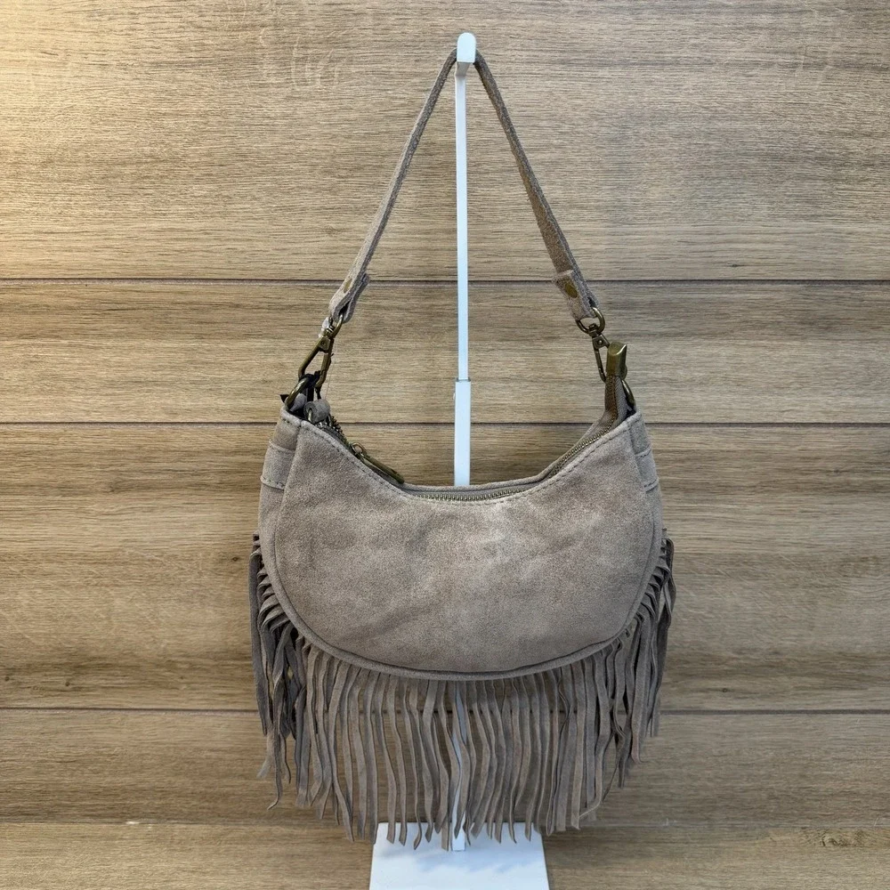 Marlon Firenze Italy Taupe Suede Crescent Shoulder Crossbody Bag Fringe Boho